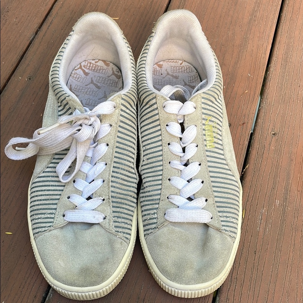 Puma Lo-Block and Stripes Grey Suede Sneakers W/ Striped Accents; Womens US 9